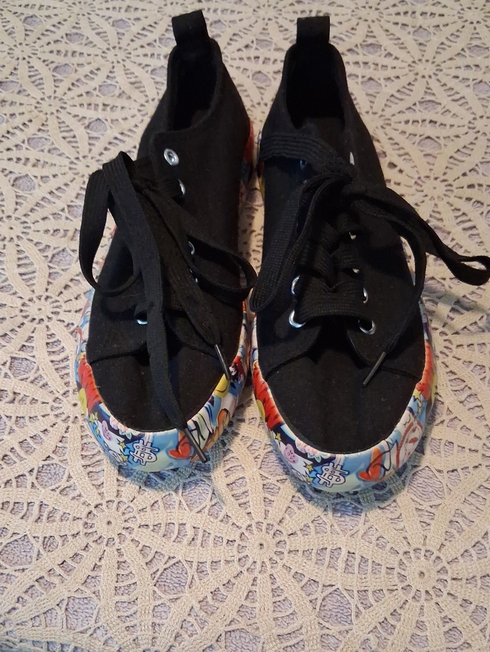 Kids Black Canvas Sneakers with Colorful Printed Toe Trim